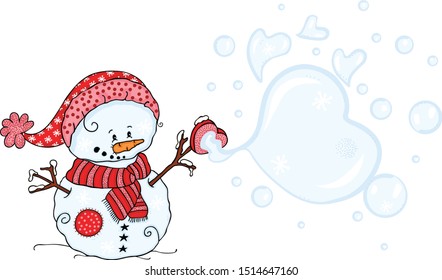 Cute snowman blowing soap bubbles
