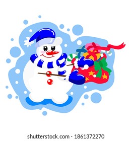Cute snowman in a blue hat, blue mittens with a gift on a white isolated background in a flat style, cartoon. Cheerful snowman on winter New Year holidays.
