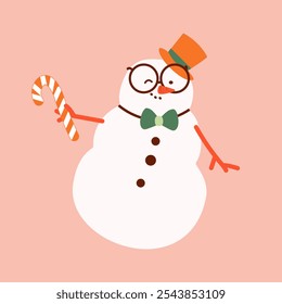 Cute snowman in bow tie with a top hat and candy cane. Holiday cartoon and character in scarf and hat flat style on pink background. Print, wrapping paper, wallpaper Merry Christmas and happy new year