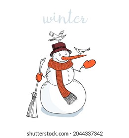 A cute snowman with a broom in a long red scarf feeds the birds. Hand drawn doodle snowman isolated on white background. Vector illustration of a winter character.