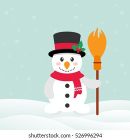 cute snowman with broom and snow