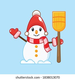 cute snowman with broom vector christmas illustration