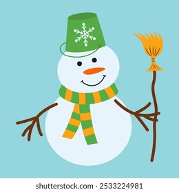 Cute snowman with bucket and broom. Christmas funny winter character. Vector flat hand drawn illustration.