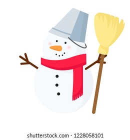Cute snowman with bucket on head and broom. Handmade, leisure, cartoon. Season concept. Can be used for topics like frosty, winter, character
