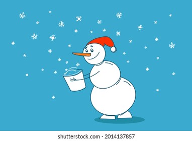 Cute snowman with bucket of snowflakes