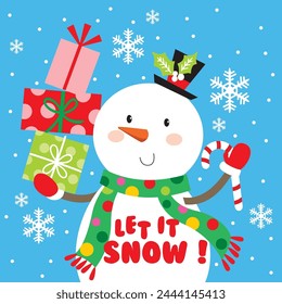 Cute Snowman with Candy cane and Christmas Gifts