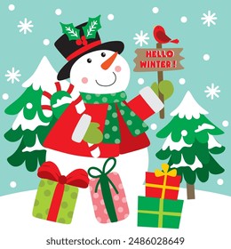 Cute Snowman and Candy cane For Christmas Card or Bag design