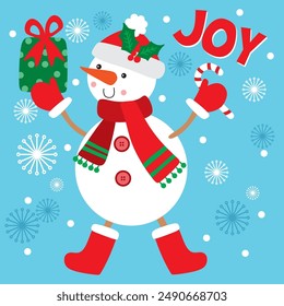 Cute Snowman and Candy cane For Christmas Card or Bag design