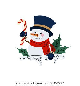 Cute snowman with candy cane. Christmas character for cards, posters, prints. Frame or border with a snowman. Festive decor on a white background.