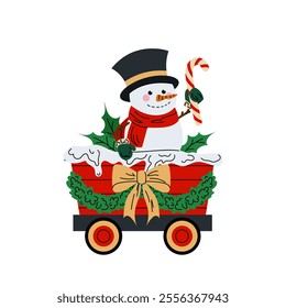 Cute snowman with candy cane in train carriage. Christmas character for cards, posters, prints. Flat illustration on white background. 