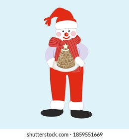 Cute snowman cartoon character with a christmas cake vector illustration.