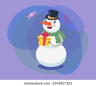 Cute snowman cartoon character with present vector illustration. Happy comic snowman in hat and scarf holding gift box on abstract purple background. Winter, holidays concept