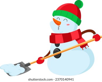 Cute Snowman Cartoon Character Removes Snow With Spade. Vector Illustration Flat Design Isolated On Transparent Background