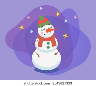 Cute snowman cartoon character vector illustration. Happy comic snowman in hat and scarf on abstract purple background. Winter, holidays concept
