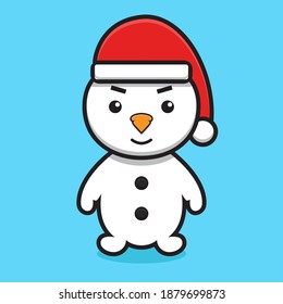 cute snowman cartoon character wearing santa claus hat. design isolated on blue background