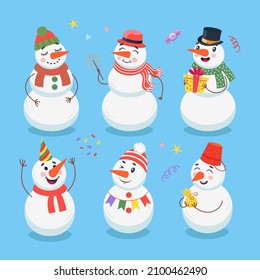 Cute snowman cartoon characters vector illustrations set. Happy comic snowmen in hats and scarves, gift box, New Year or Christmas decorations isolated on blue background. Winter, holidays concept