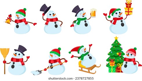 Cute Snowman Cartoon Characters.Vector Flat Design Collection Set Isolated On Transparent Background
