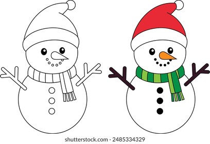 Cute snowman cartoon line art coloring page for kids