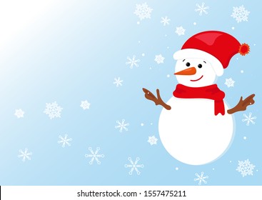 Cute snowman in cartoon style on a sparkling snowy background. Christmas and New Year banner with place for text. Snowman in a red hat and scarf. Blue sky with snowflakes. Flat vector illustration