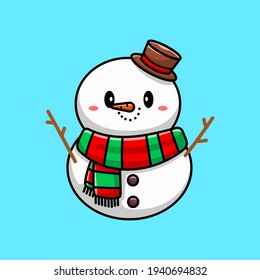 Cute Snowman Cartoon Vector Icon Illustration. Winter Mascot Icon Concept Isolated Premium Vector. Flat Cartoon Style