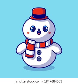 Cute Snowman Cartoon Vector Icon Illustration. Winter Holiday Icon Concept Isolated Premium Vector. Flat Cartoon Style