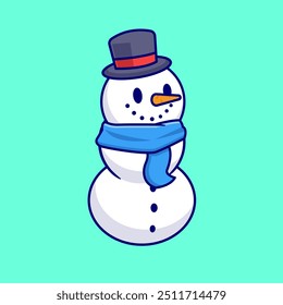 Cute Snowman Cartoon Vector Icon Illustration. Object Nature Icon Concept Isolated Premium Vector. Flat Cartoon Style