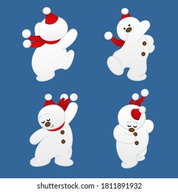Cute snowman cartoon vector isolated on blue background. Illustration character set for your design
