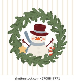 Personaje lindo del muñeco de nieve en sombrero divertido y corona de abeto. Ilustración vectorial dibujada a mano. Diseño de impresión de tarjeta de felicitación de Navidades.