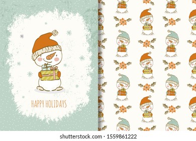 Cute snowman character in knitted hat and mittens with gift in the hand. Hand drawn vector illustration. Card print template and seamless background pattern