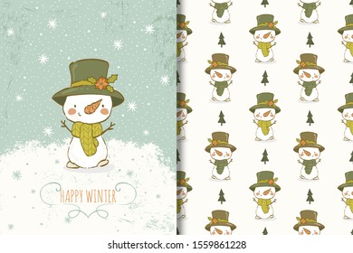Cute snowman character in scarf and hat hand drawn vector illustration. Card and seamless background pattern set. Cartoon surface design.