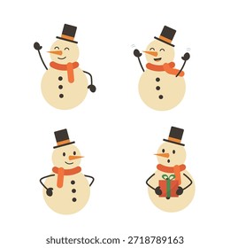 Conjunto de personajes de muñeco de nieve lindo con diferentes posturas y bufanda roja sobre fondo blanco. Feliz Colección de muñecos de nieve para vacaciones de invierno y diseño de Navidades. Ilustración vectorial plana.