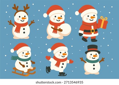 Lindo Vector de muñeco de nieve con Santa, regalo, trineo, circo, renos y skater. Ilustración de invierno festivo adecuado para Navidades y diseños de vacaciones.