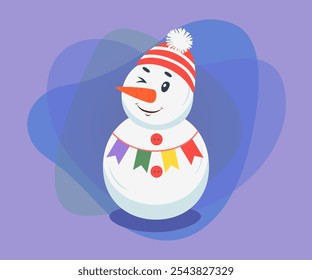 Ilustração do vetor de personagens boneco de neve bonito. Boneco de neve cômico feliz em chapéu de malha com decoração de Ano Novo ou Natal em fundo roxo abstrato. Conceito de inverno e feriados