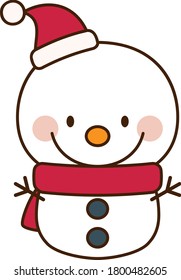 Cute snowman character wearing Santa hat and scarf.