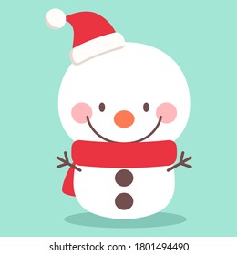 Cute snowman character wearing Santa hat and scarf. Flat design style, vector illustration.