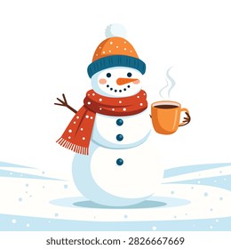 Cute Snowman Character Wearing Winter Scarf Holding Hot Cocoa Mug