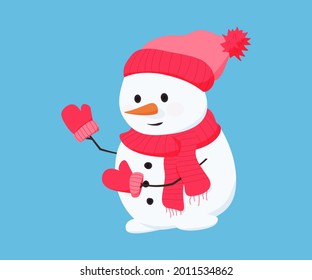 Cute snowman character welcomes. Snowman in red hat, scarf and gloves. Applicable for Christmas design. Vector illustration
