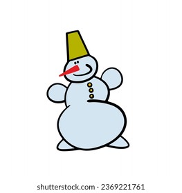 Cute snowman, a character from a winter fairy tale. Vector illustration children made a figure of a man with a bucket on his head out of snow. Funny person on white background.