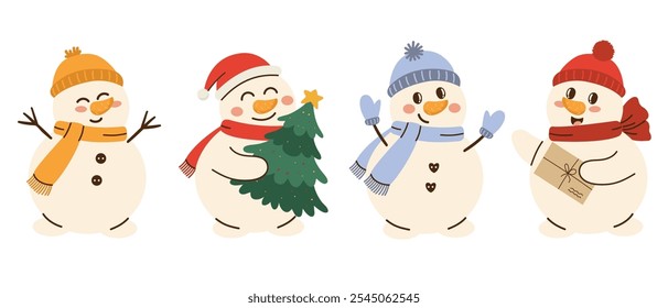 Cute snowman characters with Christmas tree, scarf and hat vector IllustrationSet of different cute snowmen illustration in children's style with New Year theme. 