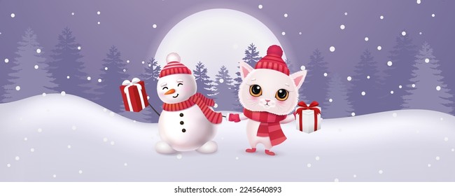 Cute сat and snowman characters. Merry christmas and Happy new year 2023 invitation card. Winter holidays. Vector Illustration EPS10.