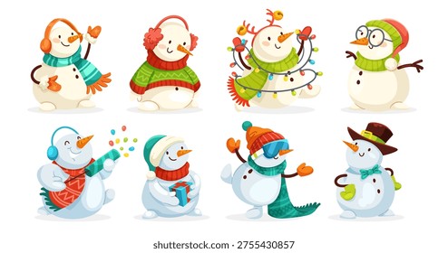 Cute snowman characters set in cartoon style on white background showing winter holiday fun and cheerful mood. Vector illustration