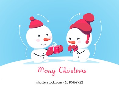 Cute snowman characters standing on snow hill. Snowman boy gives a gift to girl, and she enjoys and happy. Christmas card, poster with cartoon characters. Applicable for christmas greeting cards.
