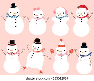 Cute snowman characters with winter scarves, hats and mittens for Christmas and New Year greeting cards and designs