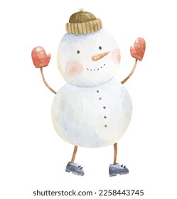 cute snowman, childish hand painted illustration. Christmas art, new year