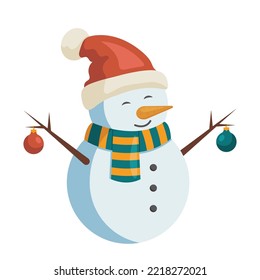 Cute snowman with christmas balls and striped scarf. Flat vector illustration isolated on white background.