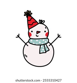 Cute Snowman. Christmas snowman in a blue scarf. Vector hand drawn illustration, izolated on a white background