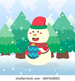 Cute Snowman Christmas Character hold christmas ball on scene winter landscape