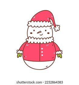 Cute snowman in a Christmas costume isolated on white background. Vector hand-drawn illustration in doodle style. Kawaii character. Perfect for cards, decorations, logo and holiday designs.