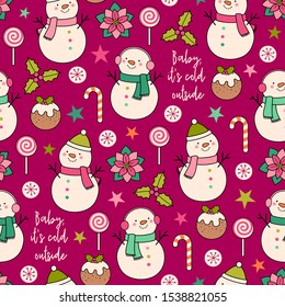 Cute snowman and christmas elements seamless pattern background.