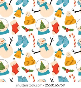 Cute snowman and Christmas elements seamless pattern. Christmas repeating design for wrapping paper, fabric, textiles and festive cards.
